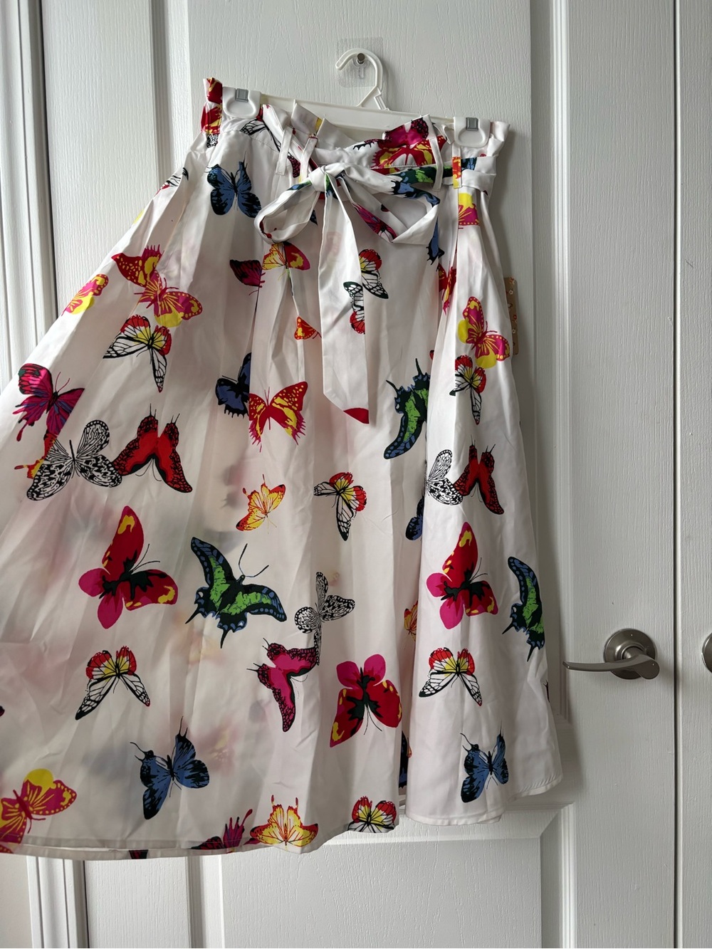 White Butterfly Print A-Line Skirt with Tie Waist